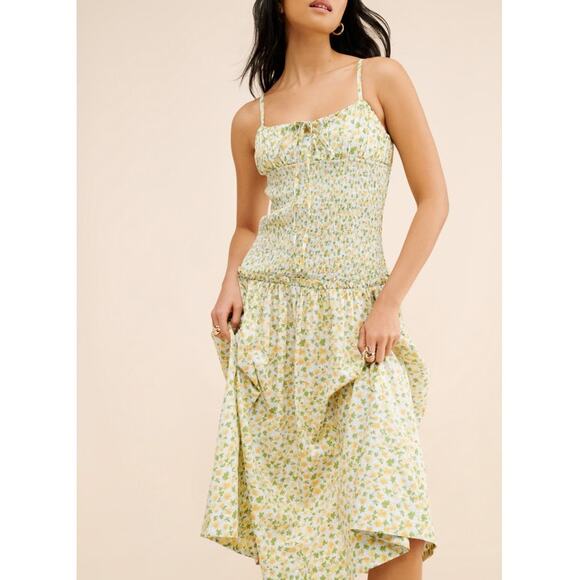 Free People $128 Lavender Daze Floral Smocked Drop Waist Midi Dress Size Large - Picture 2 of 10